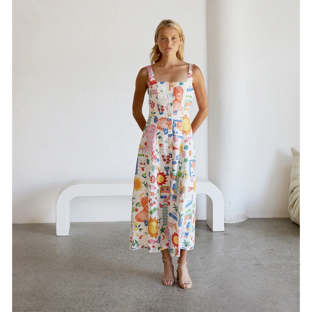 Reverie Darcy Eclectic Print Sleeveless Sundress with Square Neck